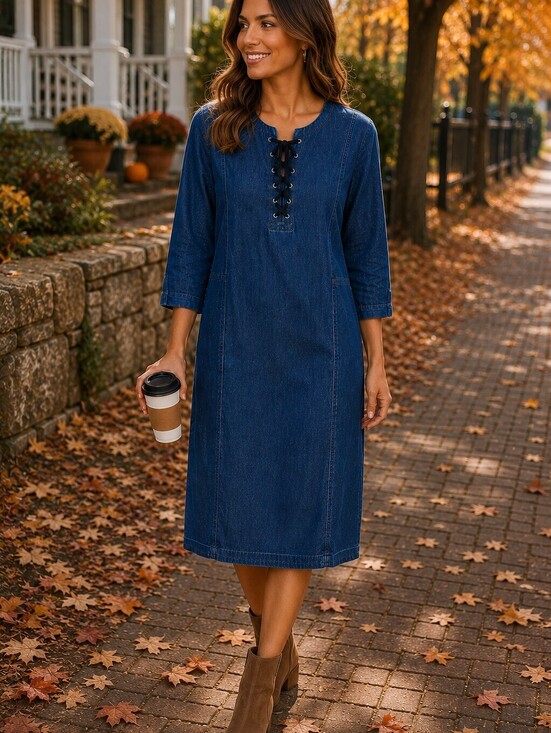 J. Jill Dresses & Skirts - J Jill Denim Large Chambray Blue Cotton Stretch Lace Up Shift Dress